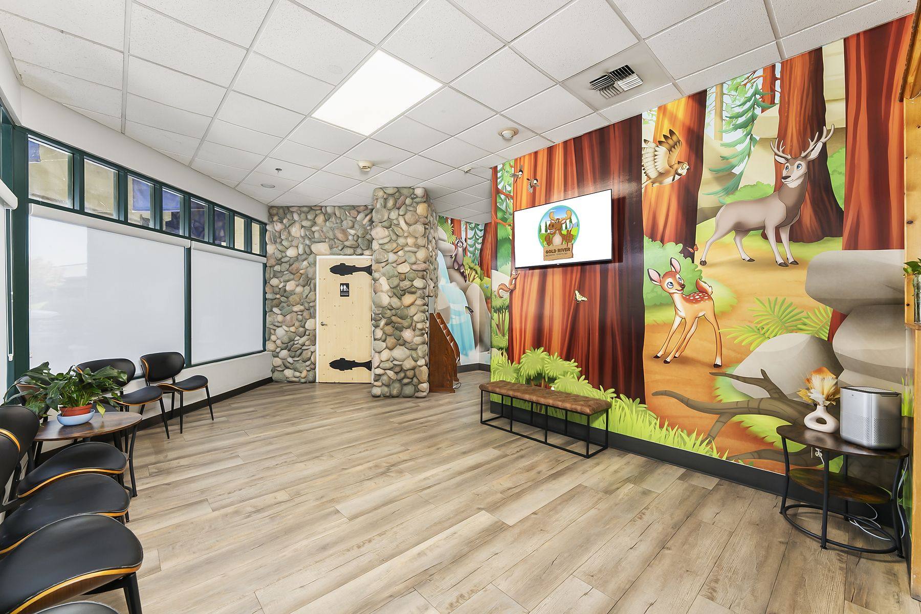 Waiting room deer mural and bench at Gold River Pediatric Dentistry